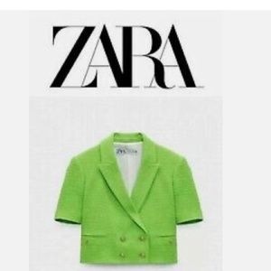 Zara Double-breasted Textured Cropped Blazer Neon Green Size Medium! Like new!!!